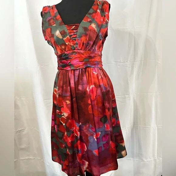 Banana Republic Sleeveless‎ Silk Blend, Double V Neck Midi Dress Red & Purple 6P - Picture 2 of 12
